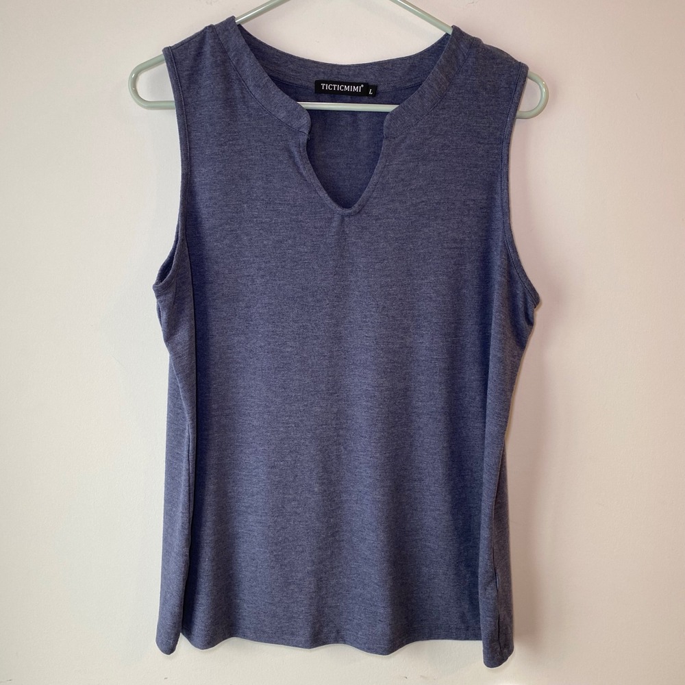 TICTICMIMI Tank Top L Blue Sleeveless V-Neck Heathered Casual Minimalist Basic